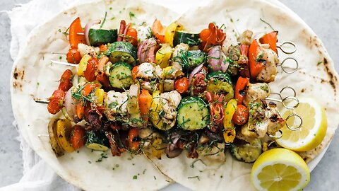 Grilled Chicken, Vegetable and Prosciutto Kebabs with Lemon Mint Oil