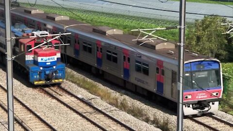 Train racing on railway, South Korea