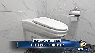 Tilted toilet designed to shorten bathroom breaks?