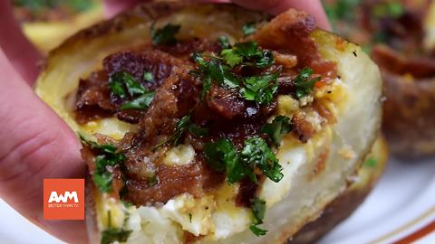 He hollows out a potato then puts butter and a raw egg inside. What he makes? SO GOOD!