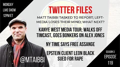 EP119: Twitter Files, Matt Taibbi, Ye Bizarre Media Tour, NY Times: Free Assange, Leon Black Sued
