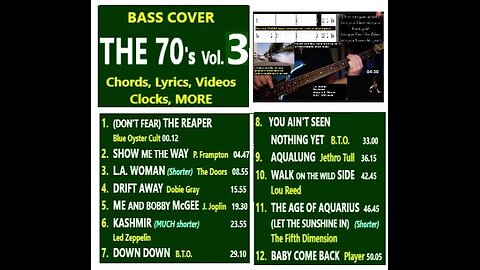 Bass cover THE 70's Vol. 3 __ Chords, Lyrics, Videos, Clocks, MORE