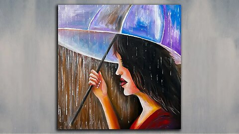 How to Draw a Girl with Umbrella in Rainy Day | Acrylic Painting Tutorial for Beginners