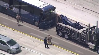 13 hurt when Greyhound bus blows tire on California highway
