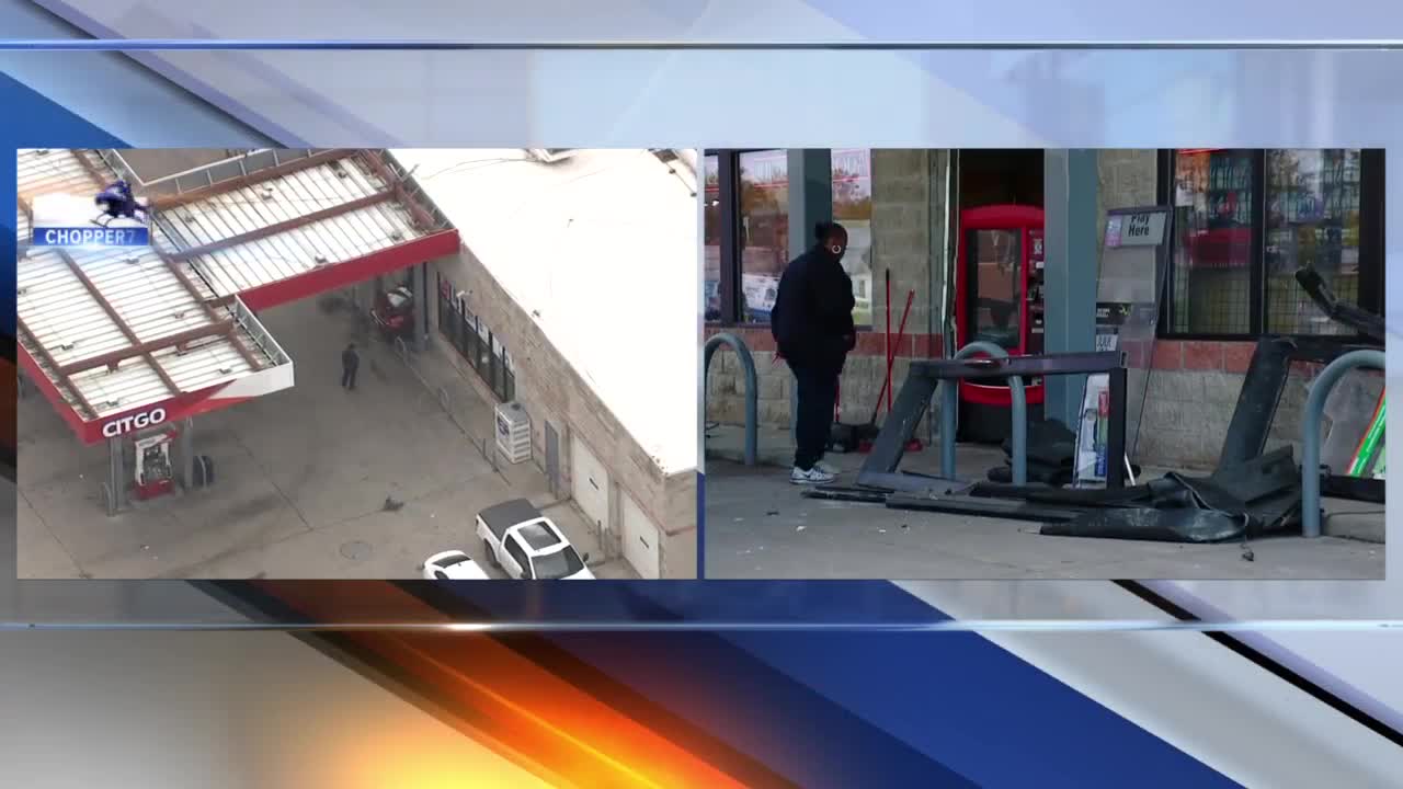 Car crashes into gas station in Detroit