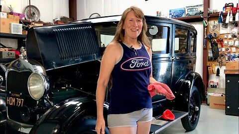 Girl services her Ford Model A - change oil, check fluids, cold start & drive.