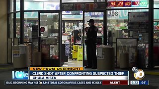 Store clerk shot after confrontation with suspected thief