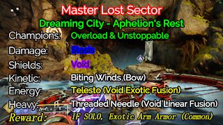 Destiny 2, Master Lost Sector, Aphelion's Rest on the Dreaming City 11-12-21