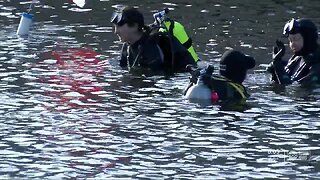 Several volunteers help clean up the bay after Gasparilla