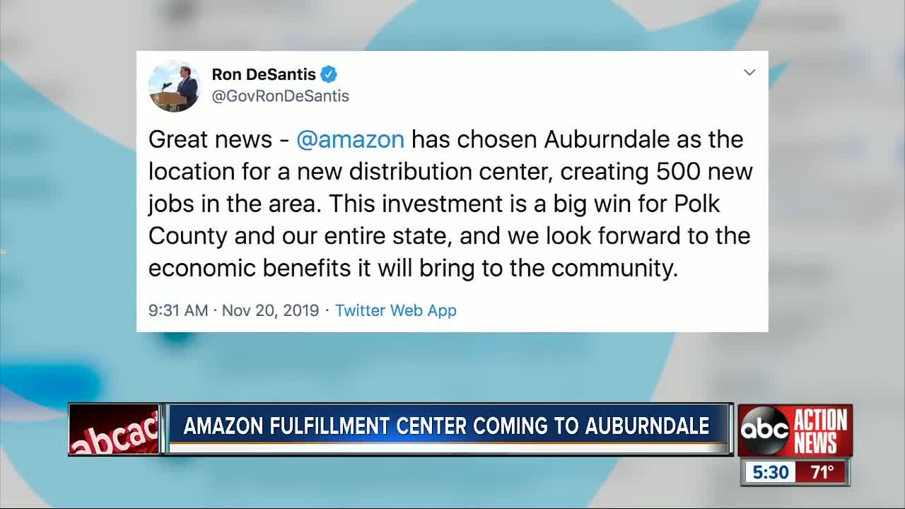 Amazon to build distribution center in Auburndale, creating hundreds of jobs