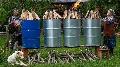 Making Barbecue Charcoal in Iron Barrels and Cooking Lamb Skewers