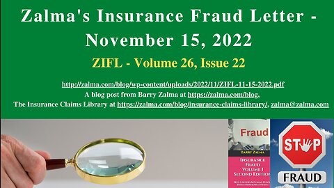 Zalma's Insurance Fraud Letter - November 15, 2022