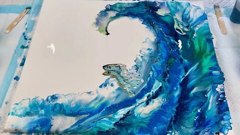 My First Blown out Ocean Wave Acrylic Pour! With Fishies! | Summer Lovin' Collab
