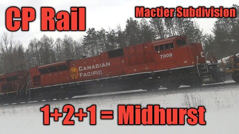 1+2+1= CP Rail Mactier Sub @Midhurst 8067 N with DPU 7009 & 8882 midway 8723 trailing. Feb.8, 2022
