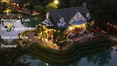 Aerial view Pancheeva Cafe truly English style river side farm in Thailand