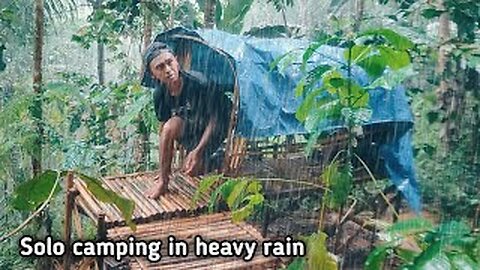 Solo camping in heavy rain all day || Building a cocoon shelter