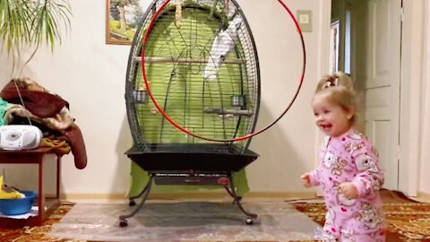 Cute baby shows off her dance moves & the parrot wants to do it too