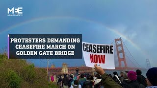 Interfaith people march across the Golden Gate Bridge demanding a ceasefire