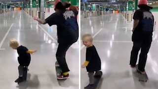 Mom & 3-year-old son show off their incredible skateboarding skills