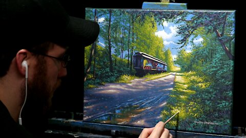 Acrylic Landscape Painting with Old Train Car - Time Lapse - Artist Timothy Stanford