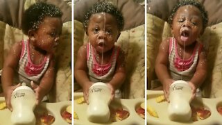 Baby Discovers Messiest Possible Way To Drink Milk