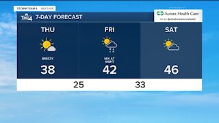 Sunny with clear skies Thursday with high in the upper 30s