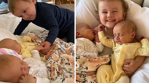 Priceless Moment Of Big Sister Meeting Her Twin Baby Brother & Sister