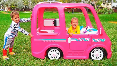 Vlad and Nikita ride on Barbie Car to camping