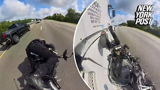 Biker 'learns lesson' after 140 mph crash between trucks, cars results in 20 broken bones