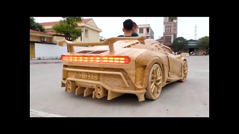 Test Drive A Homemade Wooden Bugatti On The Street With My Son