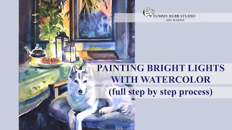 Painting bright light with watercolor: evening scene with a husky