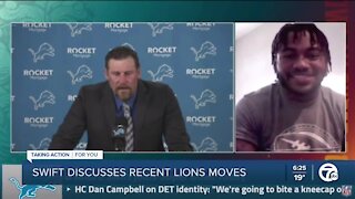 D'Andre Swift reacts to Stafford trade, Cambpell knee-biting comments, Panini rookie cards