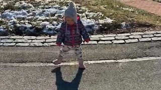 Baby discovers own shadow and tries to run from it