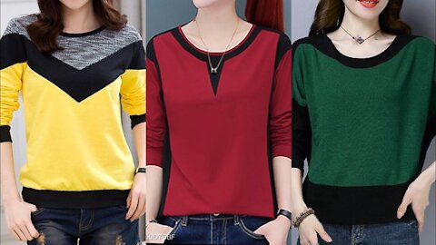 attractive stylish and gorgeous casual color block medren style women long sleeve t, shirts design