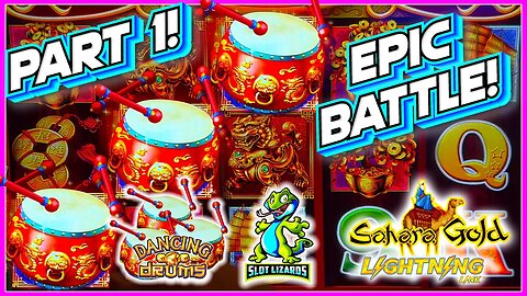 EPIC BATTLE! SO MANY BONUSES! BIG WINS! Lightning Link Sahara Gold VS Dancing Drums Slot PART 1