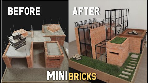 HOW TO MAKE A MINIATURE HOUSE WITH BRICKS - BRICKLAYING - MINI BRICKS - GLASS - STEEL - WALL - MODEL