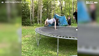 Trampoline jump ends in spectacular failure