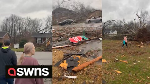 Shocking footage shows the damage caused by deadly tornados in Kentucky which leaving hundreds dead