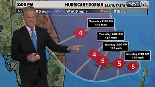 Category 5 Dorian packing 185 mph winds, Hurricane Warning for Jupiter Inlet to Brevard/Volusia