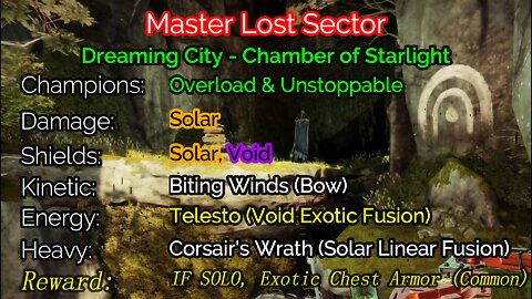 Destiny 2, Master Lost Sector, Chamber of Starlight on the Dreaming City 1-16-22