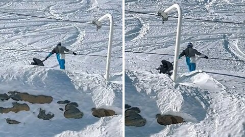 Dad pushes kid in stroller while he's skiing