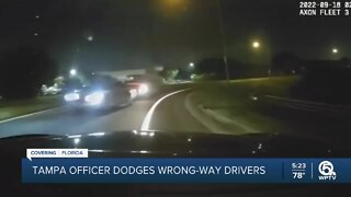 Tampa police officer dodges wrong-way drivers