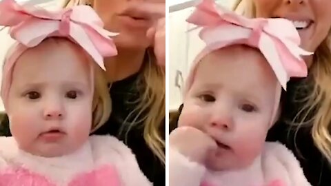 Baby looks at what your mommy does with her mouth and tries to reproduce the same thing she did