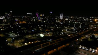 Night drone footage of San Antonio skyline