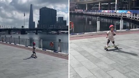 Amazing toddler has impeccable skateboarding skills