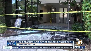 Police search for car that crashed into Mission Valley building