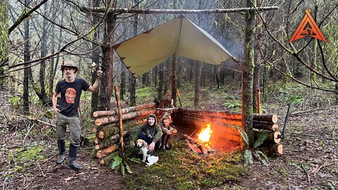 Building Primitive Bushcraft Shelter in the Woods with The Boys