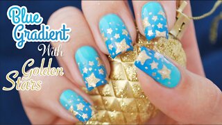 Blue Gradient With Golden Stars Nail Art _ using star vinyls from Stick It!