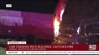 Car crashes into building, ruptured gas line catches fire