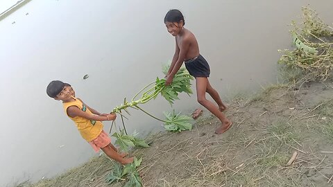 Funny local Indian village child in Brahmaputra river assam
